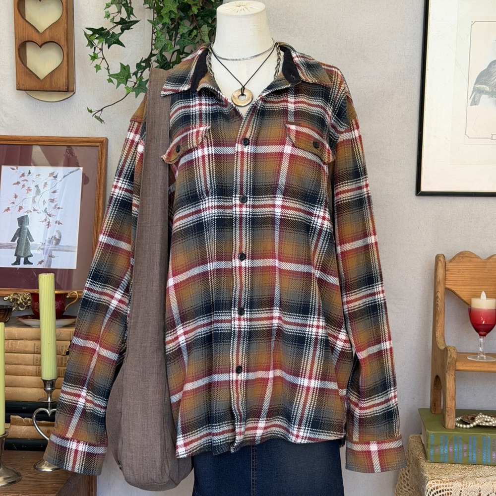Burgundy Mustard Plaid Cotton Button Up Shirt Oversized Granola Indie Grunge XL